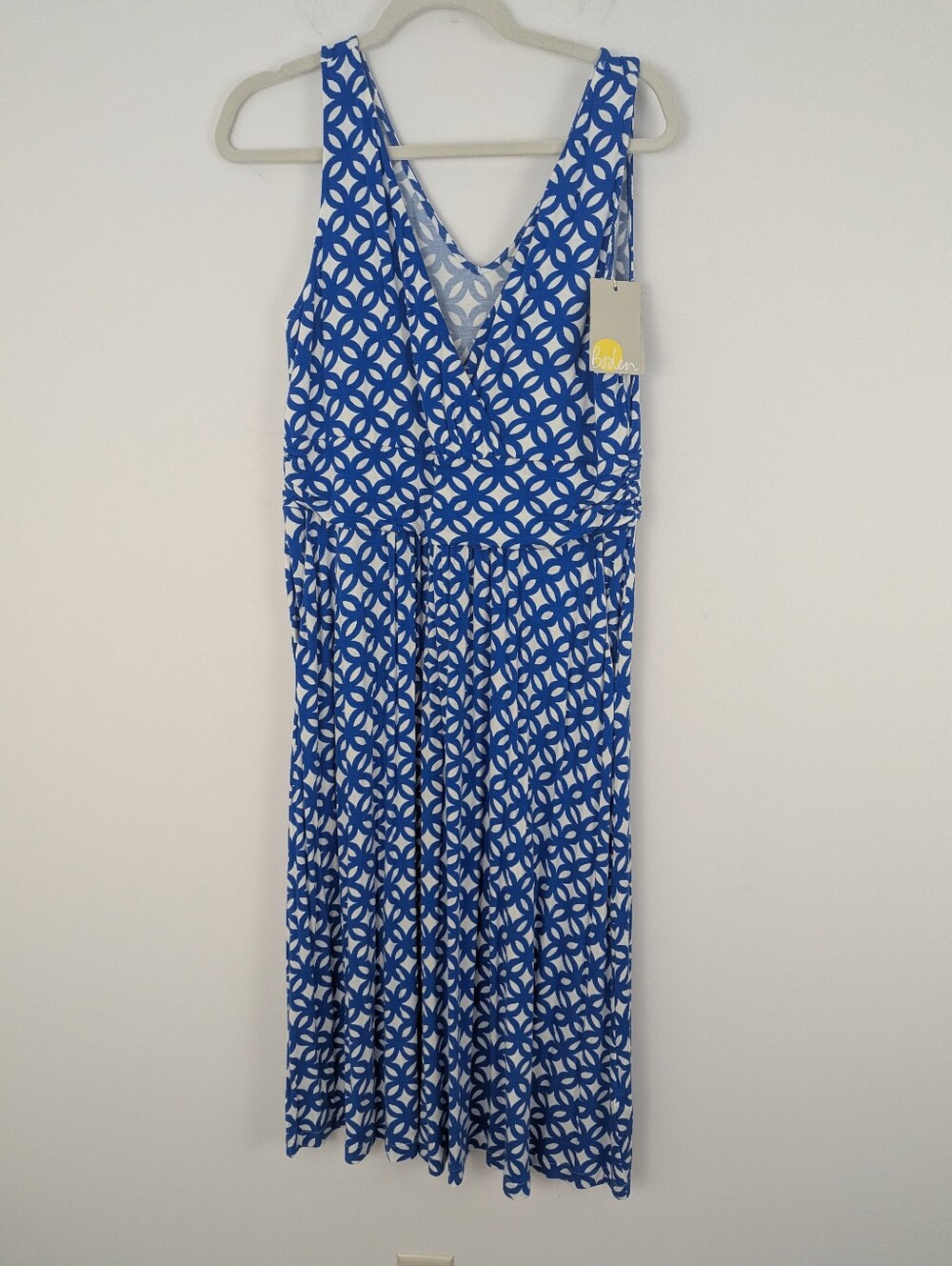 NWT Boden Effie Blue & White V Neck Stretch Jersey Faux Wrap Midi Dress Size 12R - Picture 2 of 9